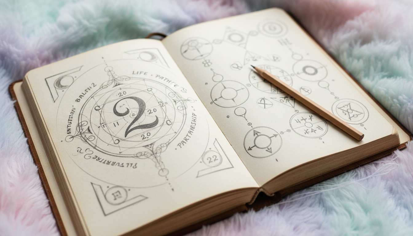 Open notebook with numerology sketches on pastel background signifying personal exploration of life path number 2