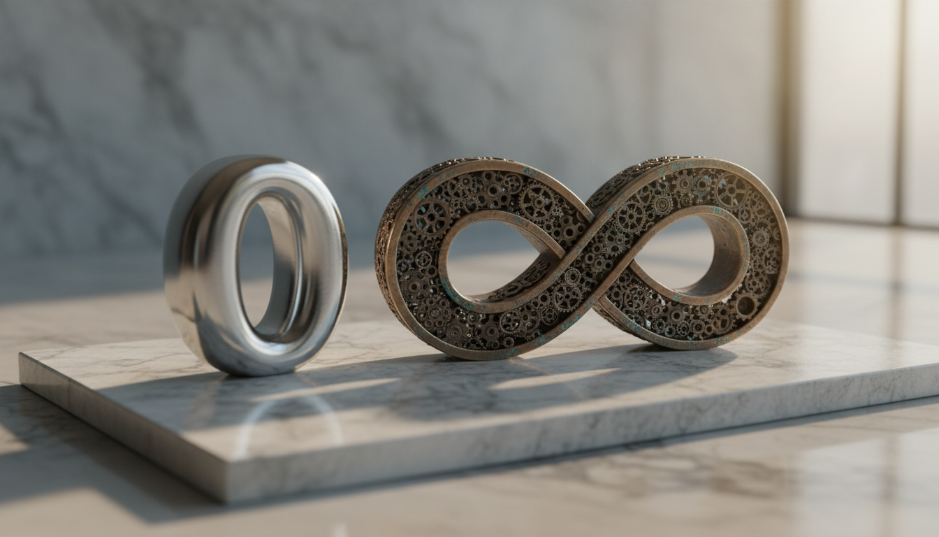 Metallic sculptures of '0' and '8', showcasing infinity and wholeness on a softly lit marble backdrop.