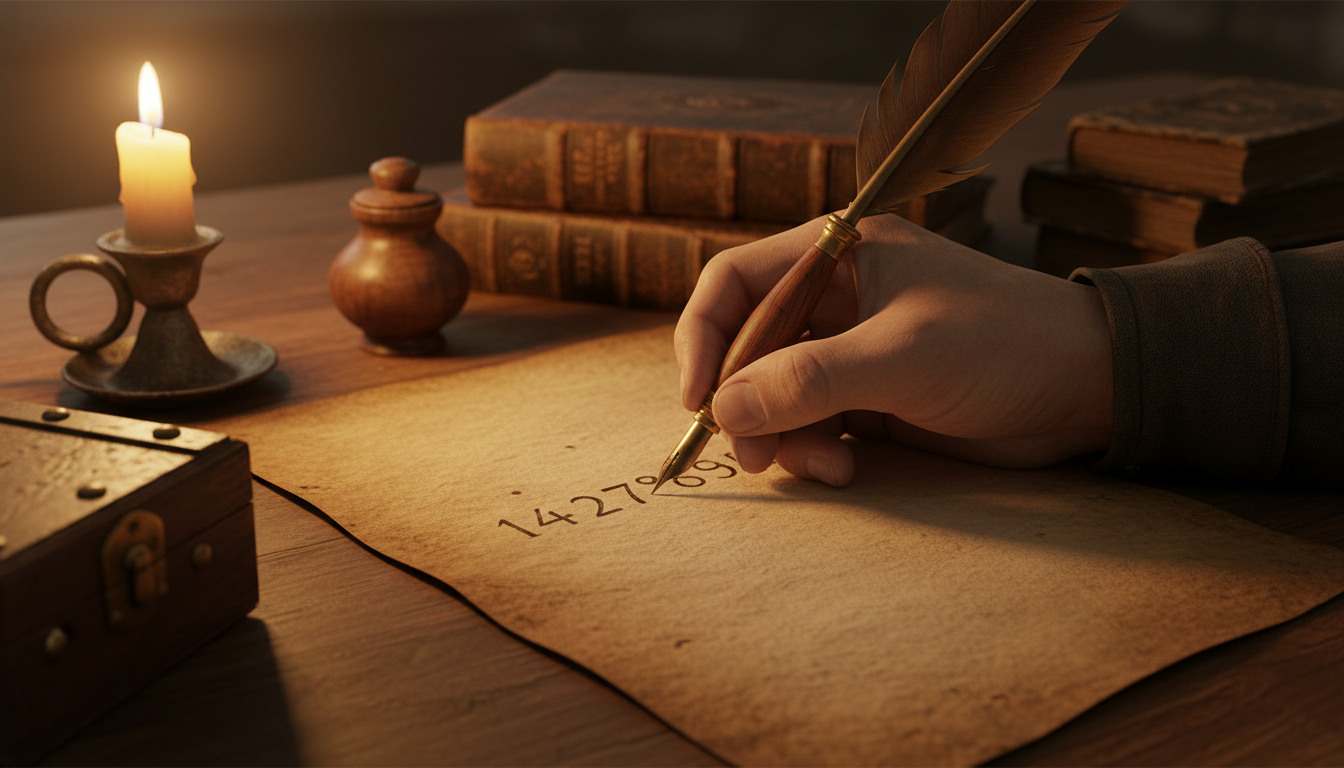 A close-up of hands meticulously calculating numbers on parchment, surrounded by antique desk items like a pen, paper, and candlelight.