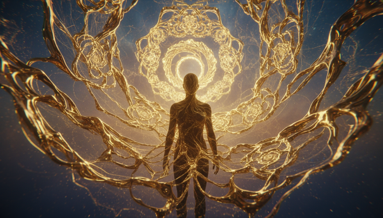 A lifelike depiction of a glowing gold energy field radiating outward from a human silhouette, symbolizing spiritual wisdom and mastery