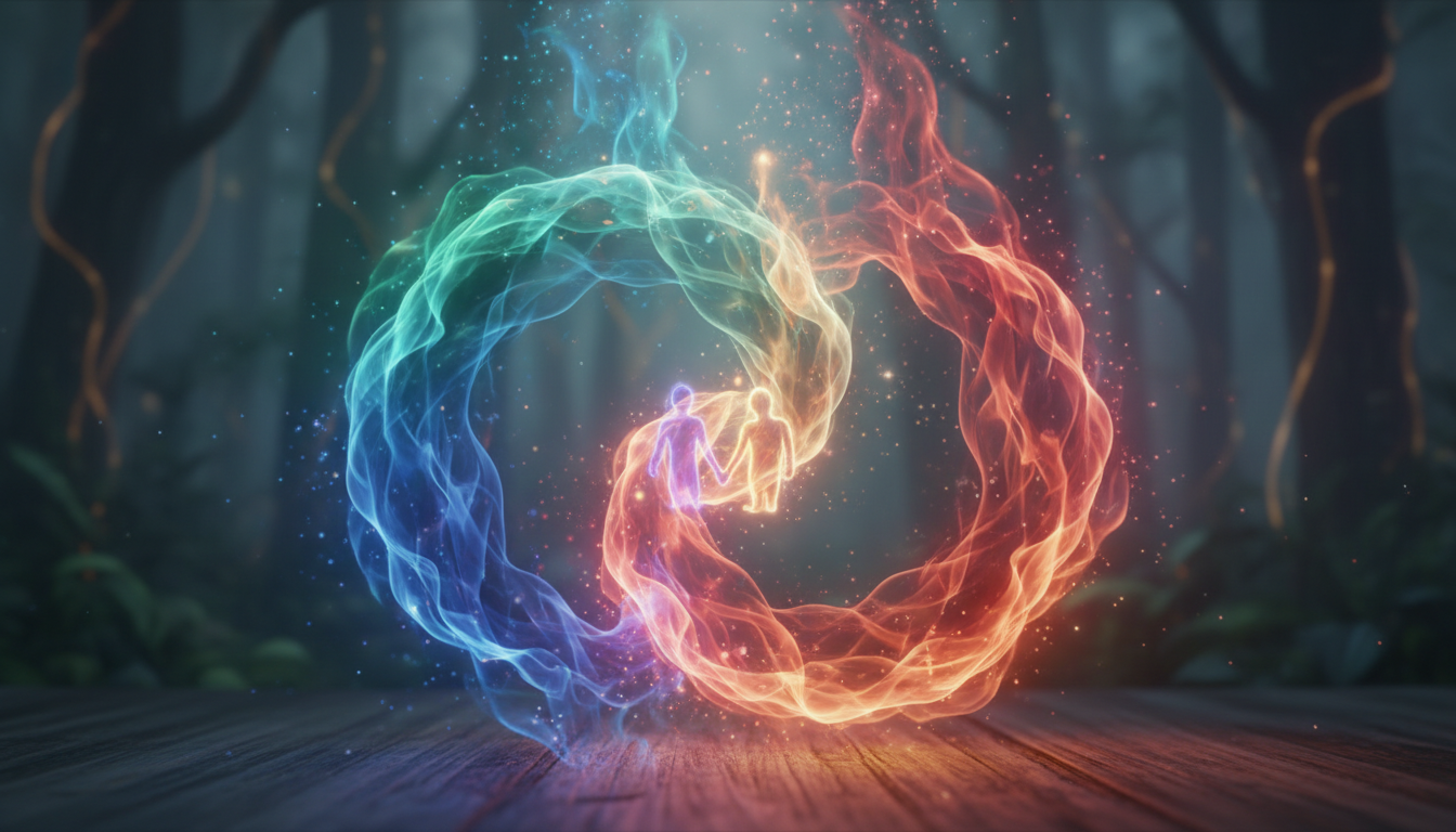 Two vibrant ethereal flames merging to symbolize the spiritual connection of twin flames.