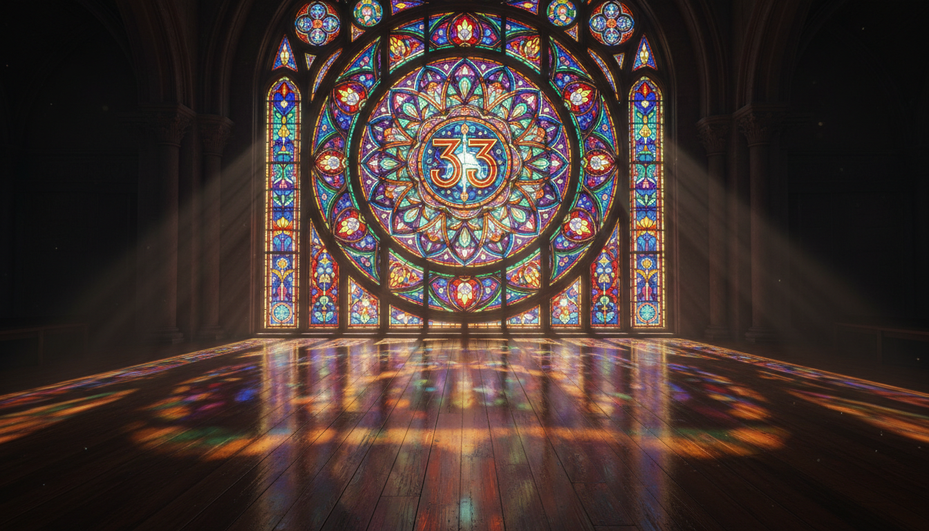 Intricate stained-glass window with central mandala and number 33 illuminated, casting colorful light rays on a polished floor