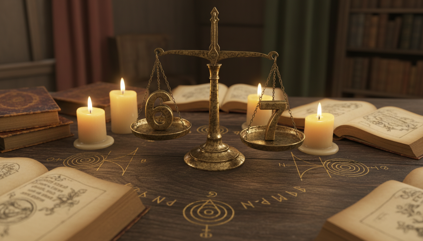 A pair of brass scales balancing numbers '6' and '7' on a desk surrounded by books, candles, and numerology symbols, symbolizing harmony between material and spiritual realms.