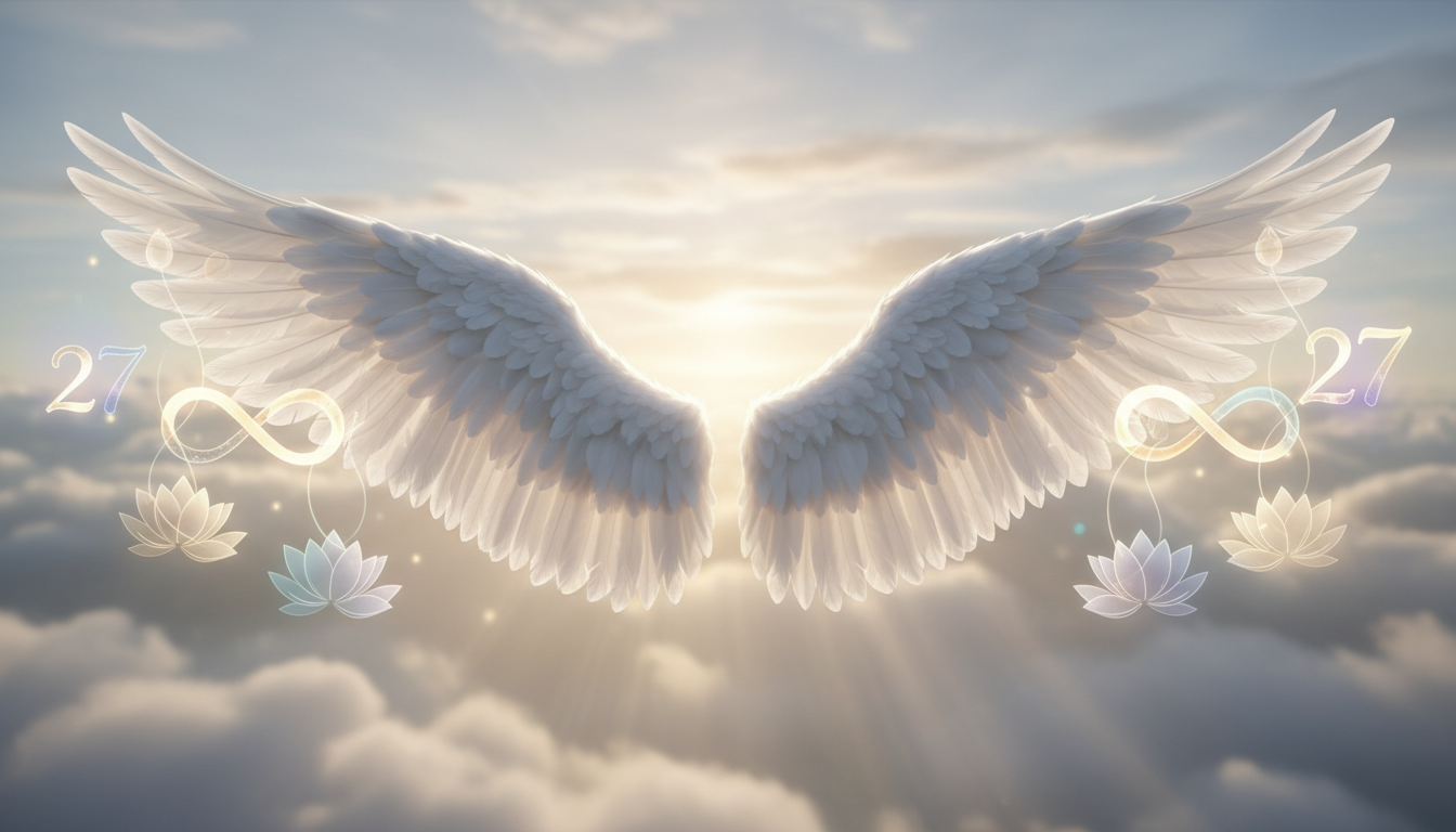 Elegant white angel wings spread wide surrounded by glowing spiritual symbols like lotus flowers and a serene sky with sunlight.