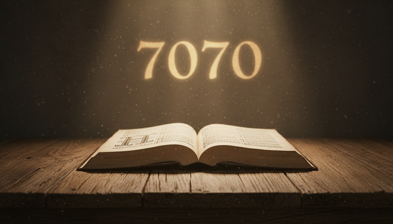 An open ancient Bible on a weathered wooden table with the number '7070' glowing in the background, symbolizing divine messages and spiritual connection