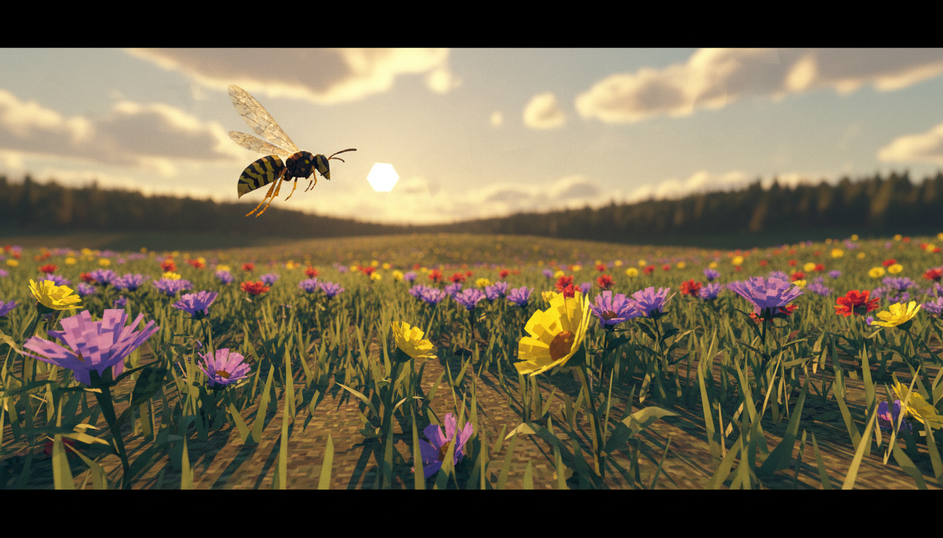 A wasp flying toward a blooming wildflower meadow during golden hour, symbolizing harmony, productivity, and natural beauty.