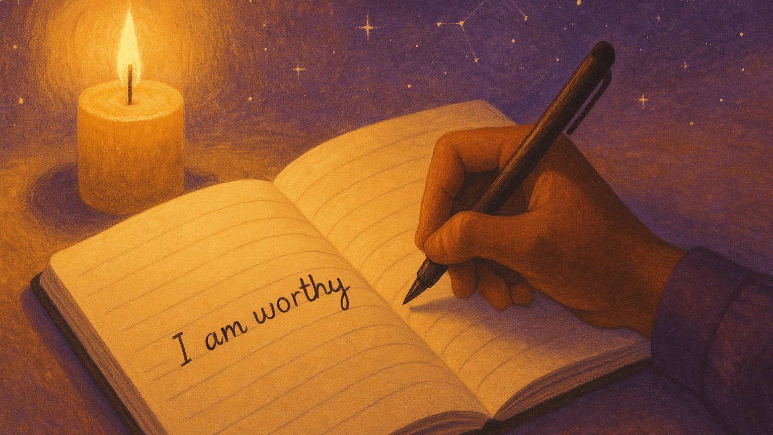 A hand writing a present-tense 369 manifestation affirmation in a journal by candlelight
