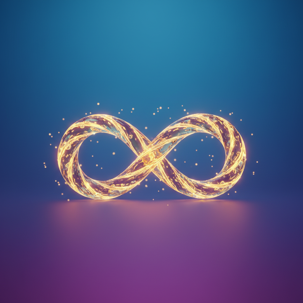 Golden infinity symbol formed from swirling light, conveying divine balance and abundance on an ethereal gradient background.