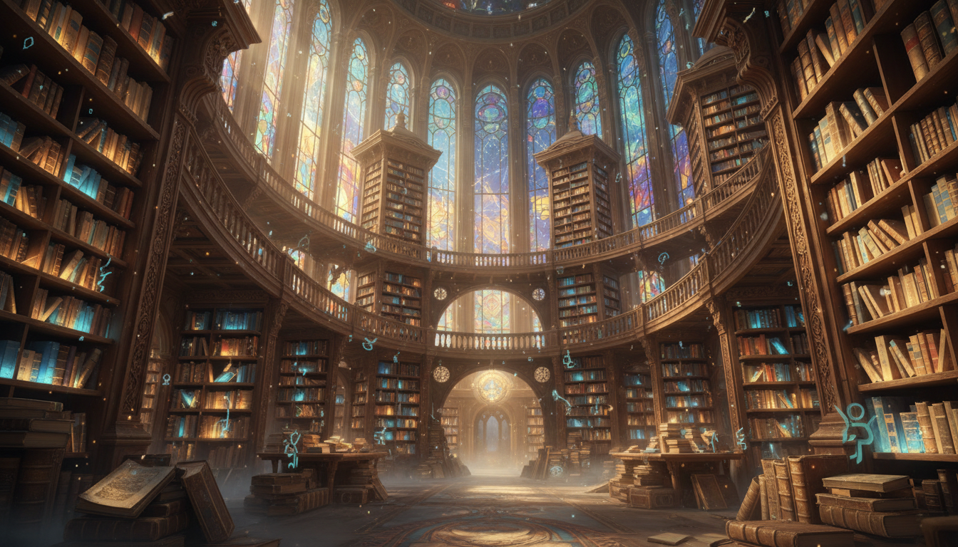 A vast, ethereal library symbolizing the Akashic Records with glowing books and warm ambiance.