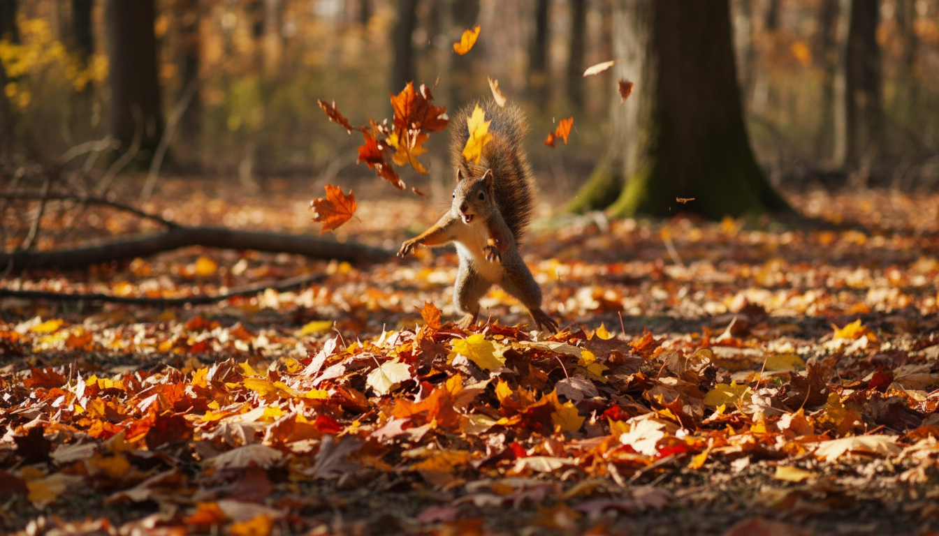 A playful squirrel jumping through colorful autumn leaves, showcasing joy, playfulness, and harmony with nature's beauty