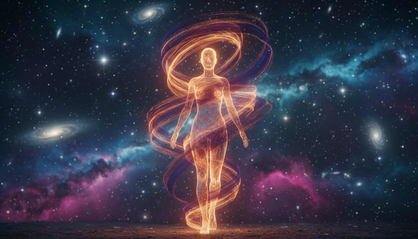 A glowing figure symbolizing creative energy against a galaxy backdrop, surrounded by vibrant cosmic trails and stars.