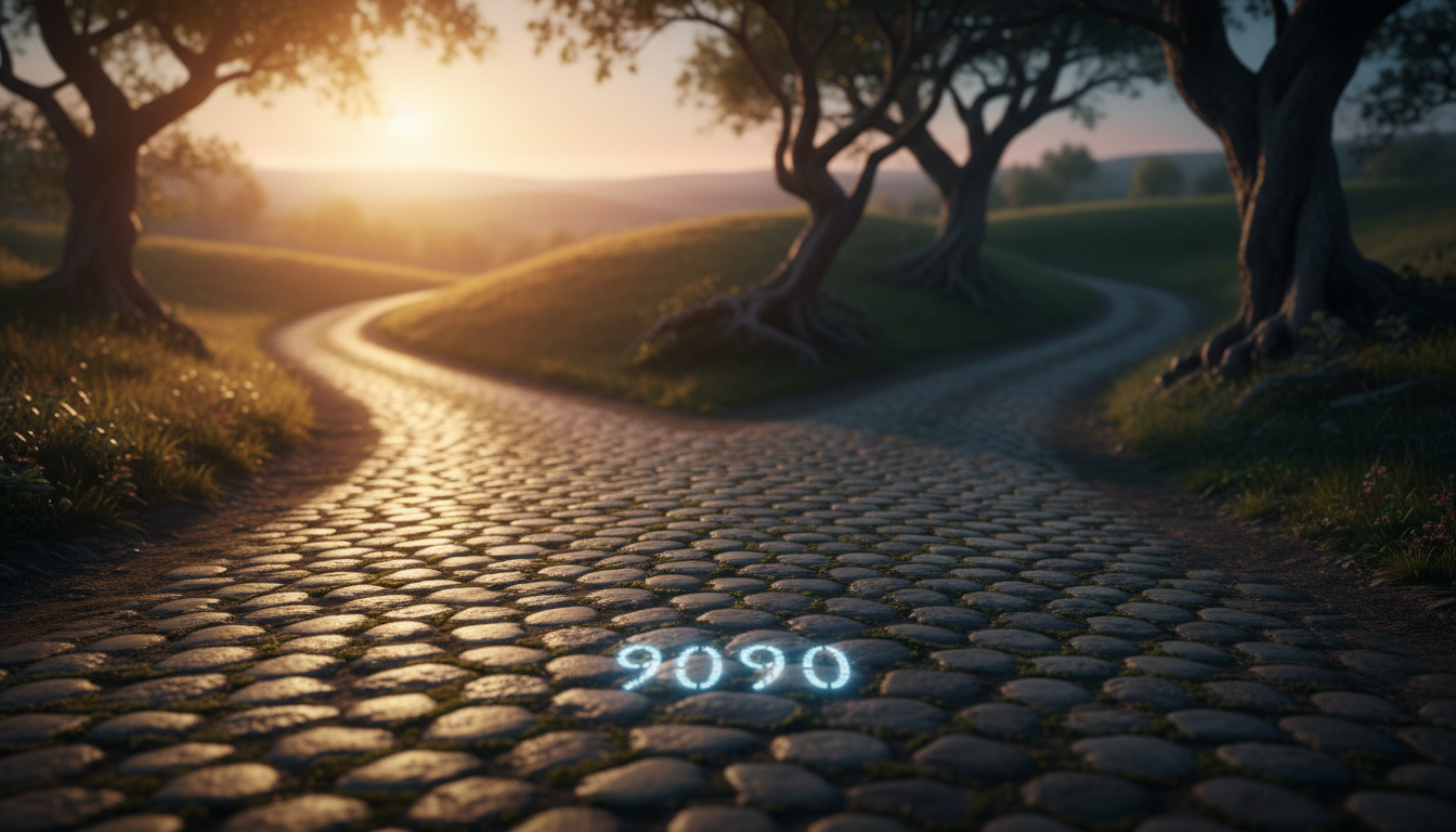 A peaceful cobblestone road leading to a fork, with one path illuminated by golden light and the other in shadow, symbolizing life's choices.