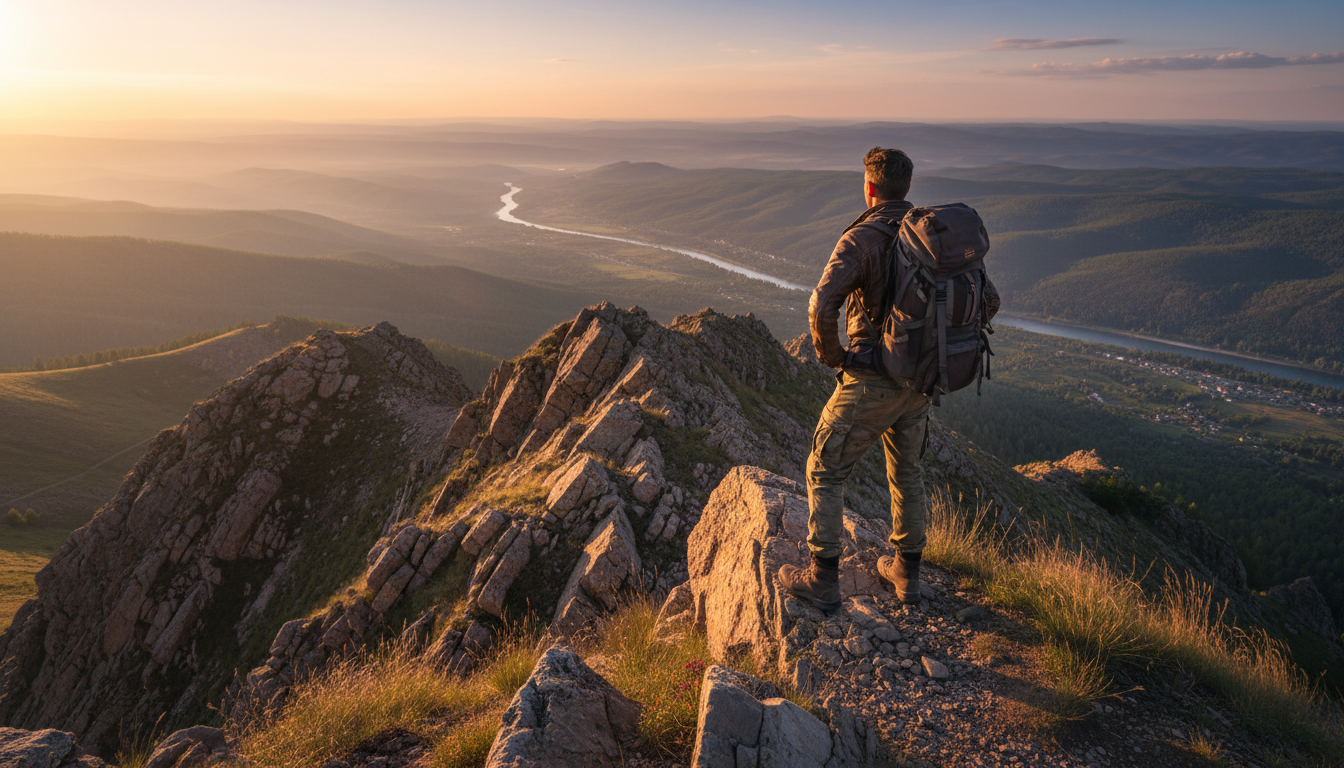 A lone traveler standing confidently on a mountain peak during golden hour, symbolizing independence, leadership, and empowerment.