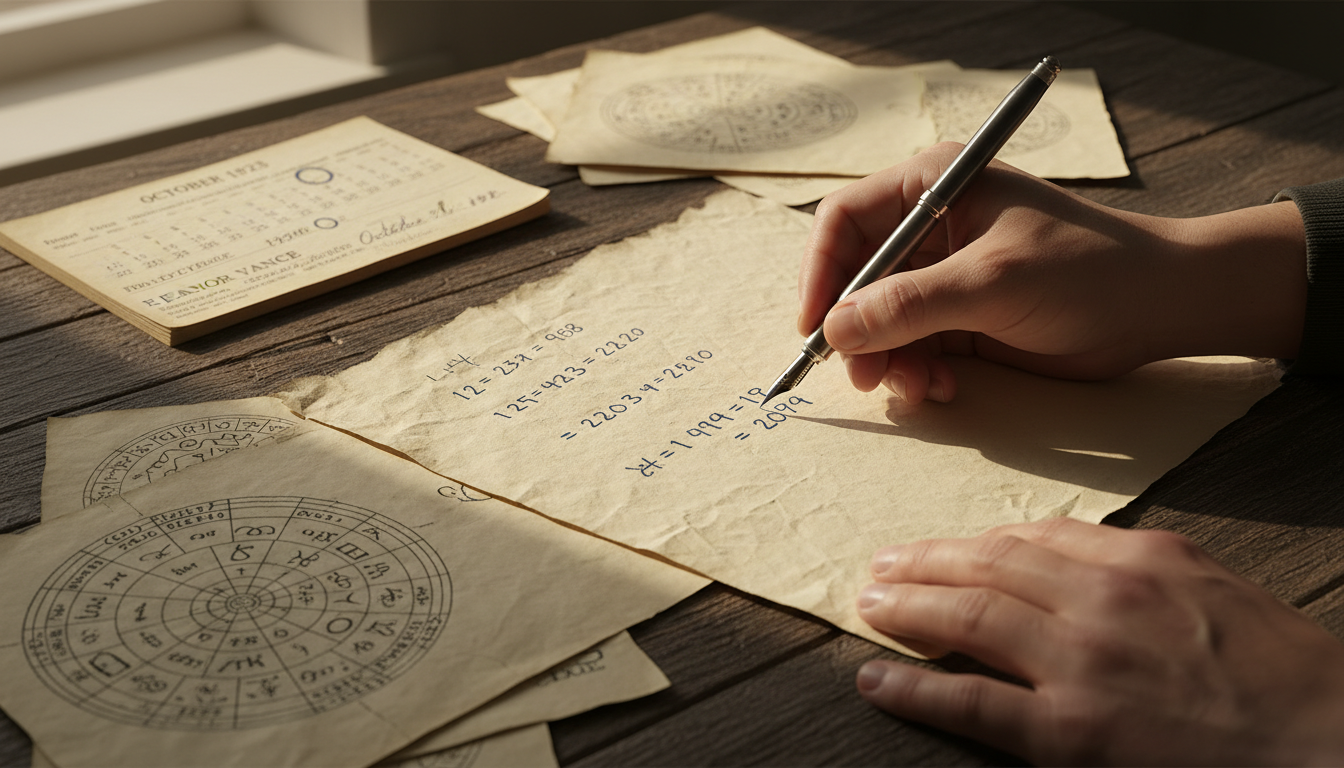 Close-up of hands calculating numbers on vintage paper, surrounded by numerology charts and a birth certificate.