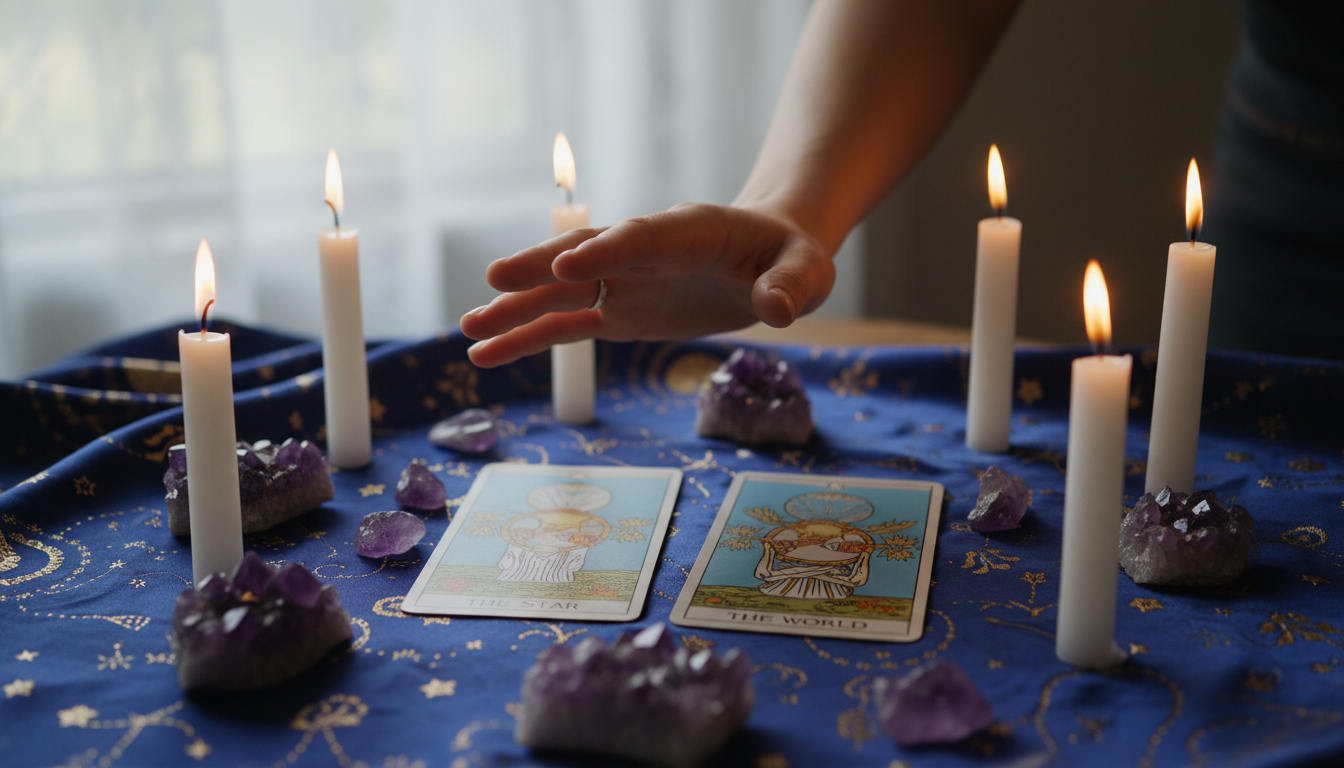 Close-up of a tarot card spread featuring The Star and The World cards, candles, crystals, and silk cloth emphasizing spiritual energy.