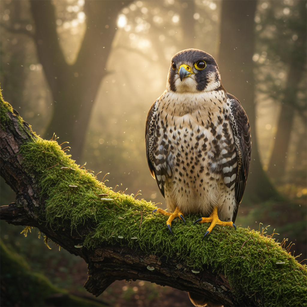 A majestic hawk perched on a mossy tree branch in a sunlit mystical forest, surrounded by rich natural textures