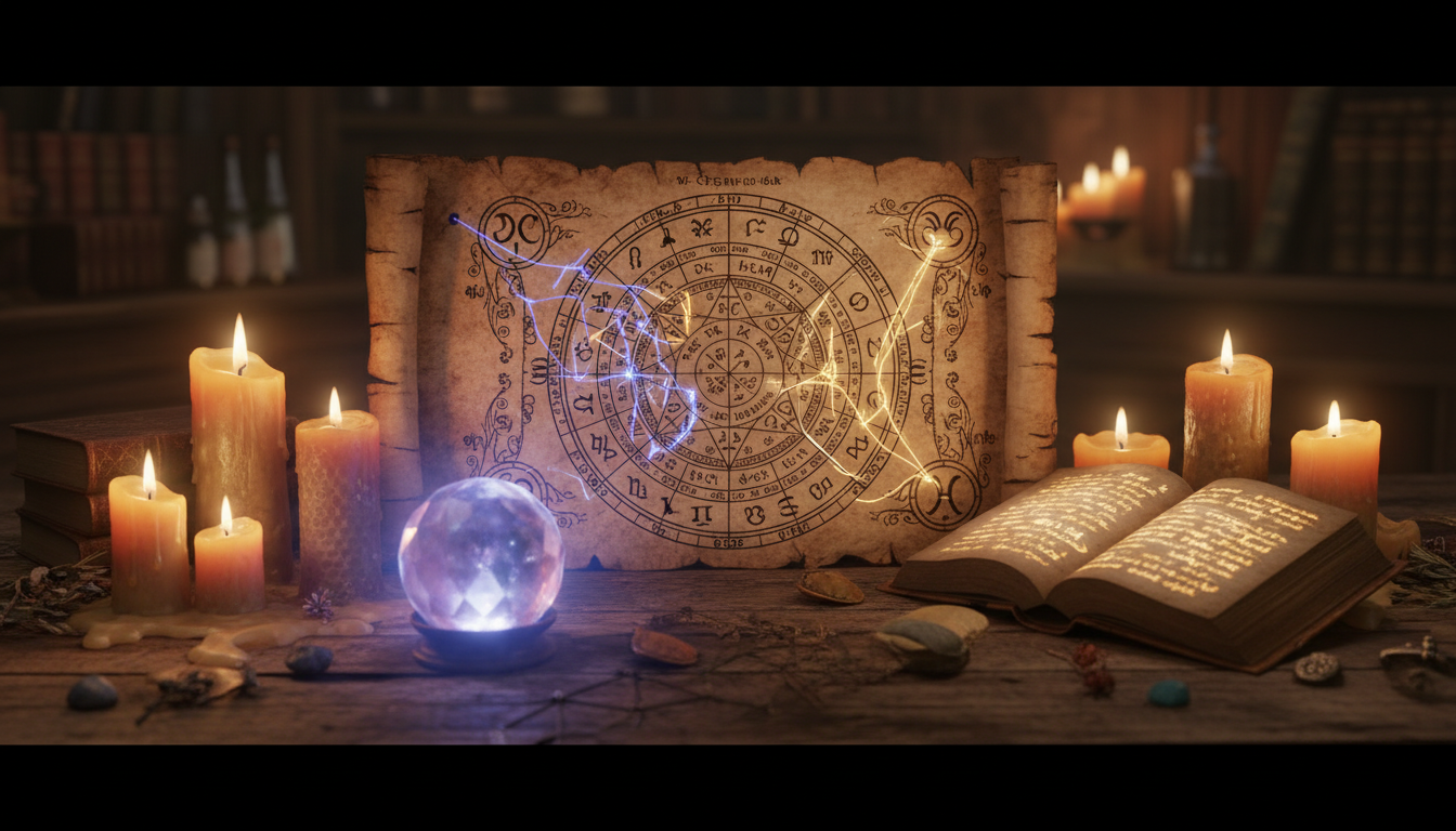A warm, cinematic scene featuring a vintage parchment with numerology charts and symbols, glowing crystal ball, candles, and open book.