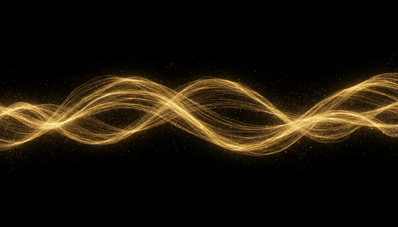 Artistic visualization of golden energy waves flowing dynamically, symbolizing spiritual wisdom and divine connection against a black background.