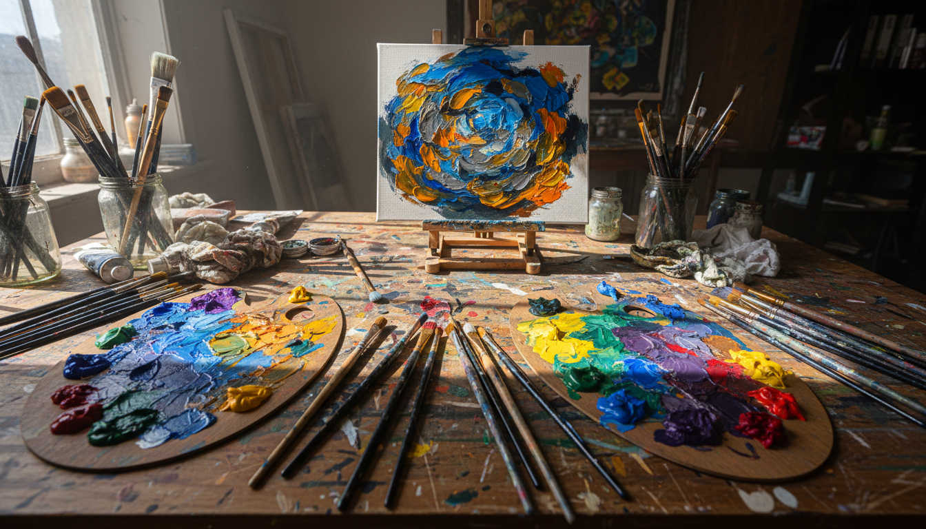 An artist's desk with paintbrushes, vivid palettes, and a canvas showing an abstract creation, symbolizing creative energy.