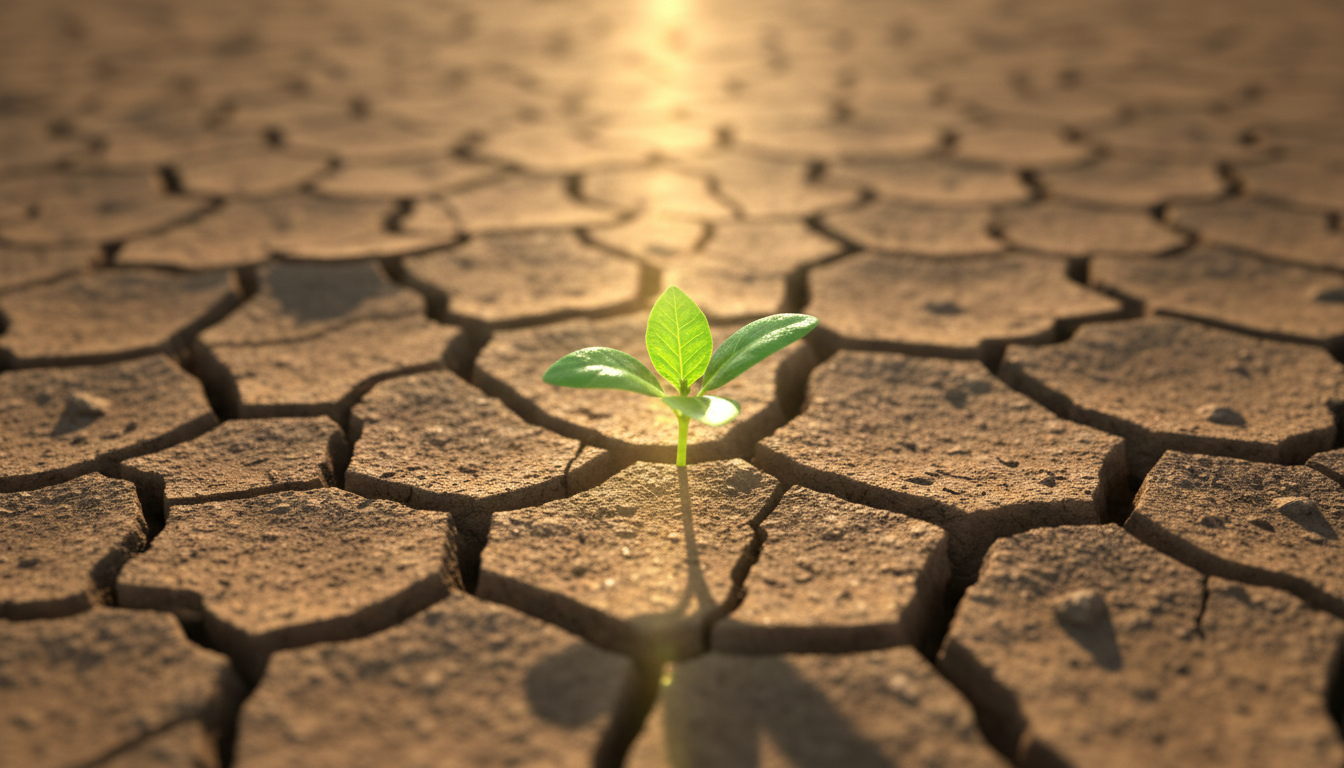 A vibrant green sprout growing through cracked earth, symbolizing new beginnings illuminated by sunlight and hope.