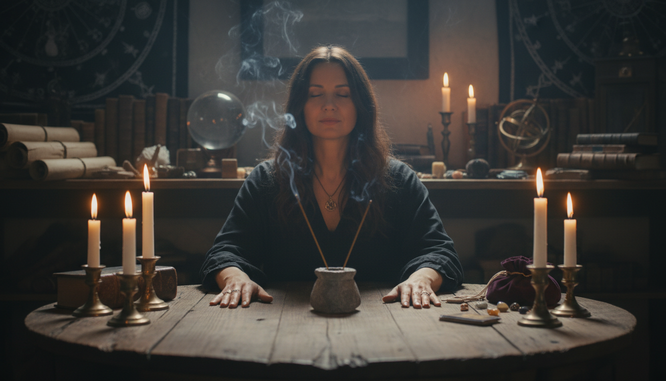 A clairaudient psychic in a dimly lit room, focusing intently at a wooden table filled with mystical objects.