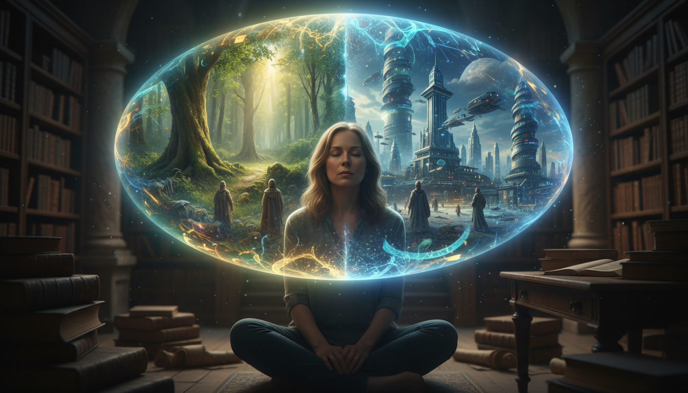 A vivid scene illustrating a blend of reality and psychic sight, showing a translucent overlay above a person's mind.