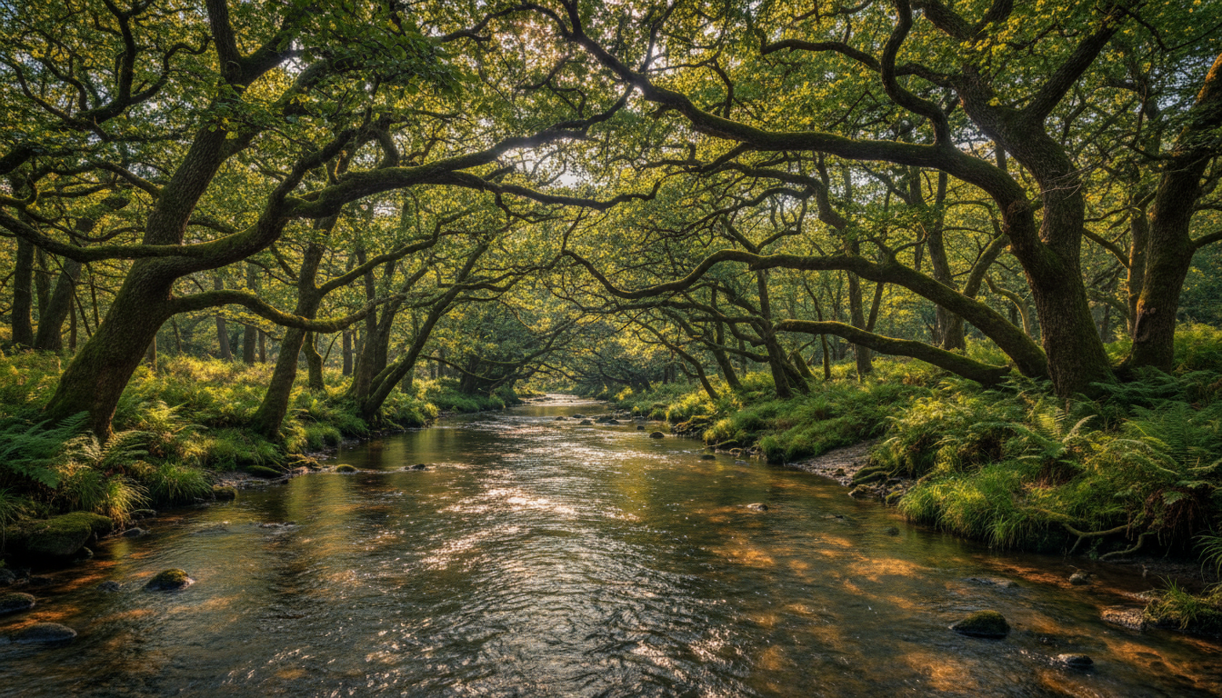 A serene river under lush trees, symbolizing peaceful timeless beauty, akin to understanding past life tranquility.