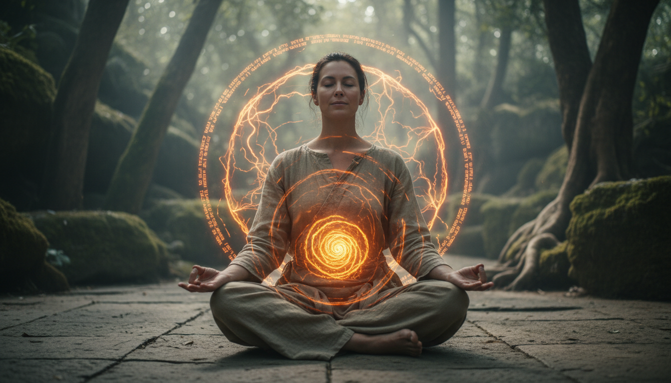 A meditative figure with an orange aura glowing around the sacral chakra, symbolizing vitality, creativity, and emotional balance