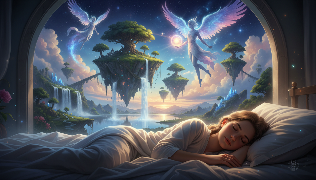 A vivid dream landscape with floating islands and celestial beings, with a serene sleeper in the foreground