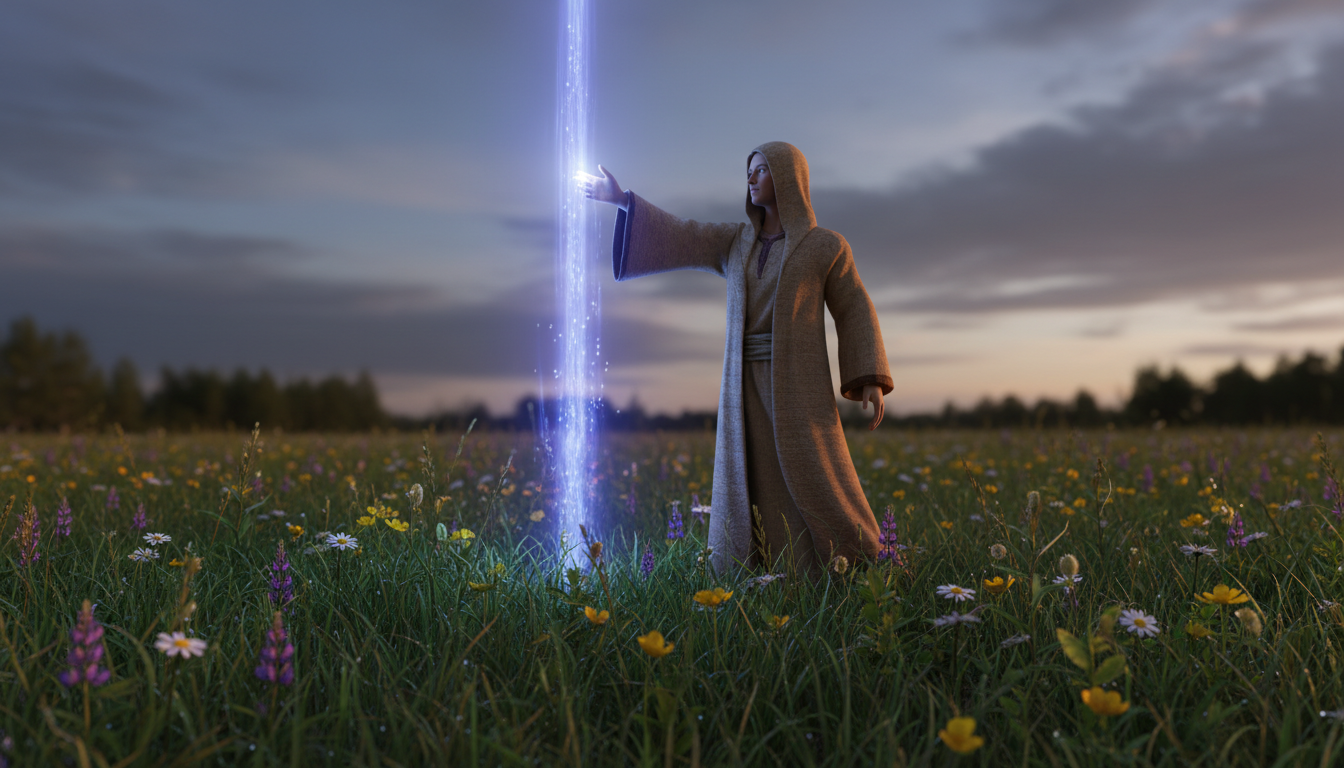 A peaceful figure reaching upward toward a glowing indigo beam surrounded by natural elements, symbolizing spiritual energy and connection.
