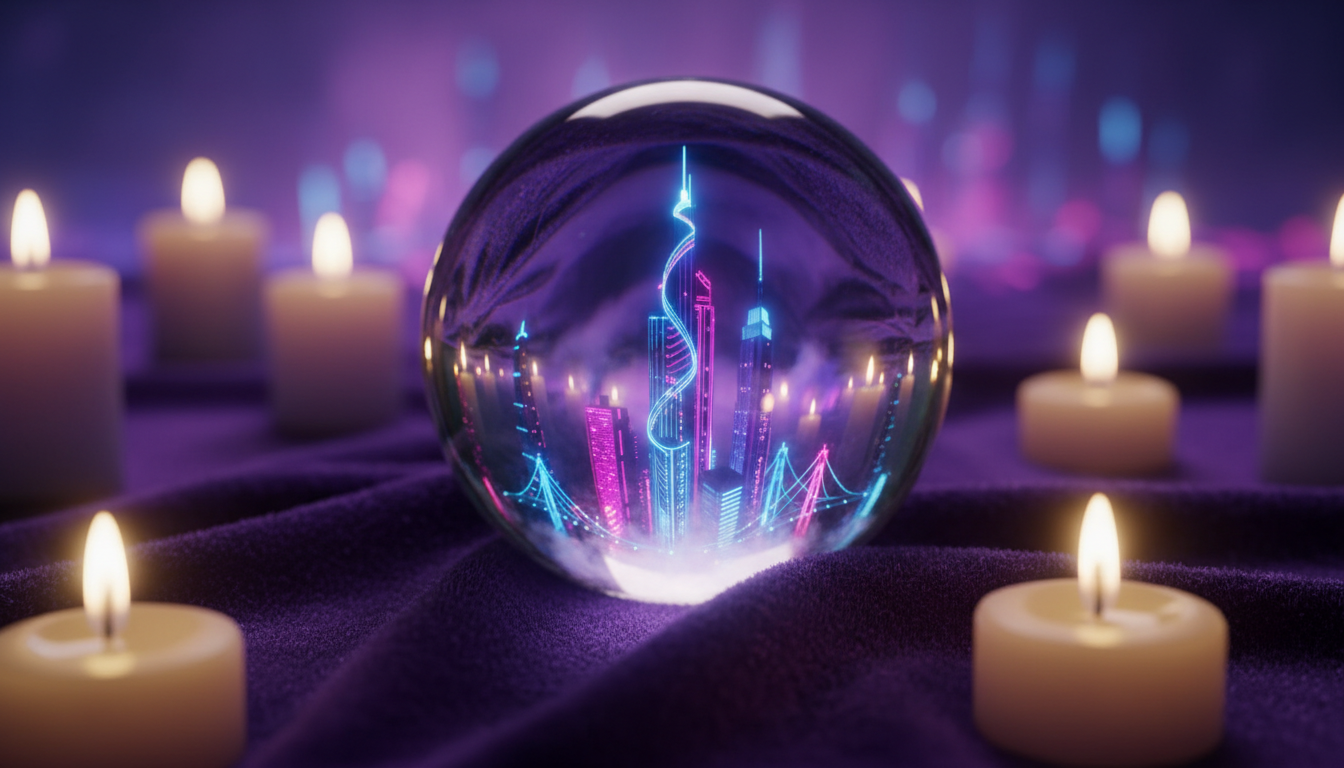 Glowing crystal ball reflecting a city skyline, symbolizing career insights, amidst candles on velvet cloth