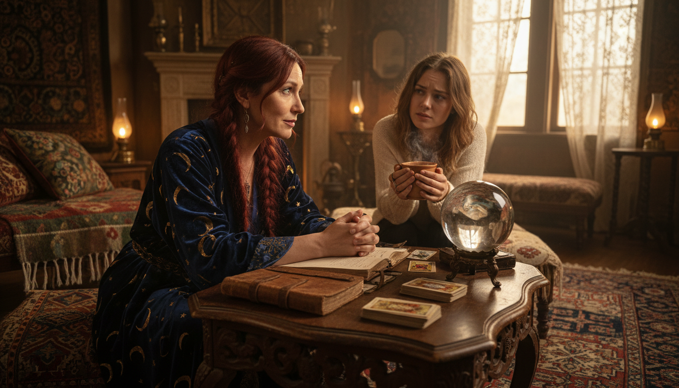 A psychic and client in a dream analysis session, surrounded by warm lighting and intricate room details