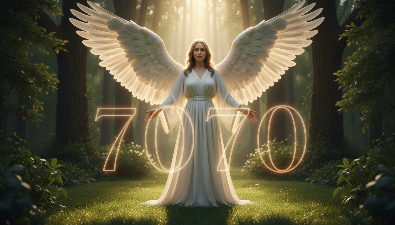 A serene guardian angel with feathered wings standing in golden light, symbolizing spiritual guidance and wisdom, with '7070' glowing faintly.