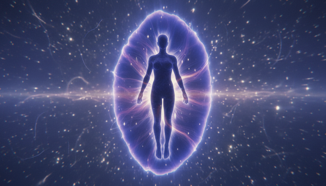 A human silhouette encompassed by a vibrant indigo energy field with ethereal light effects amidst celestial particles