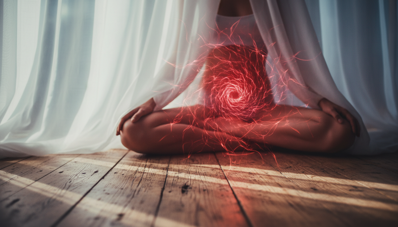 A realistic depiction of the root chakra's energy in vibrant red, illuminating the base of a seated figure's body.