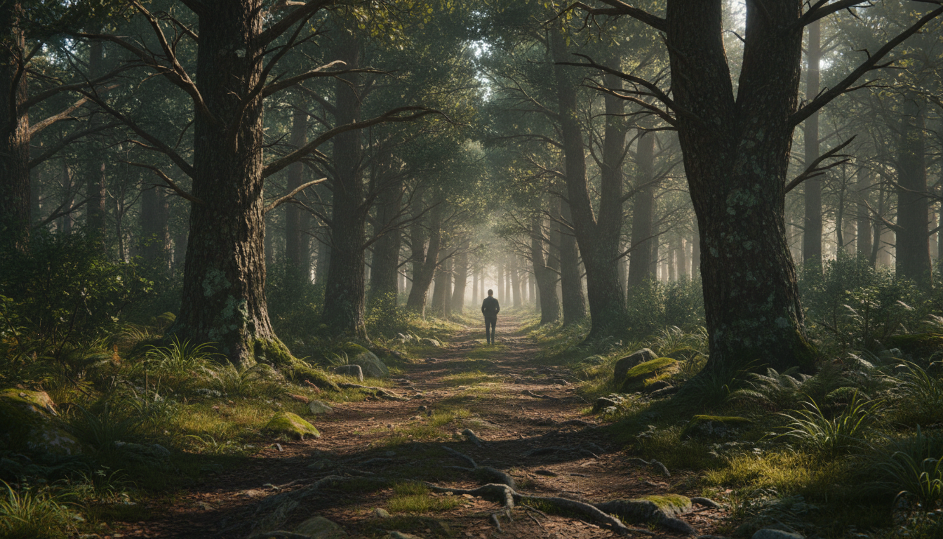 A serene forest path surrounded by tall trees with sunlight filtering through, a person walking meditatively, symbolizing exploration and personal growth.