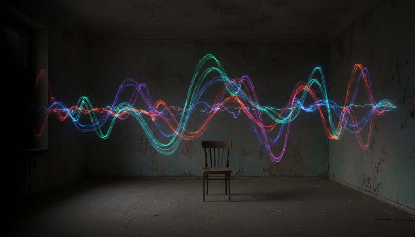 Vibrant sound waves emanating from darkness, symbolizing unseen communication with complex depth against a muted room.