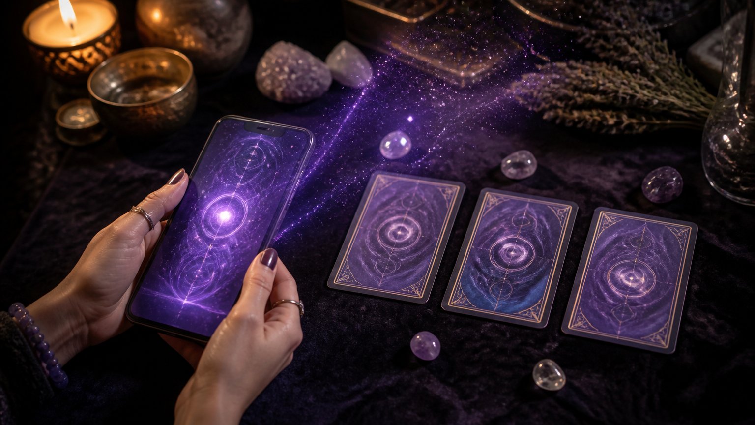 Hands holding a glowing phone beside a spread of generic tarot cards and crystals on a dark table