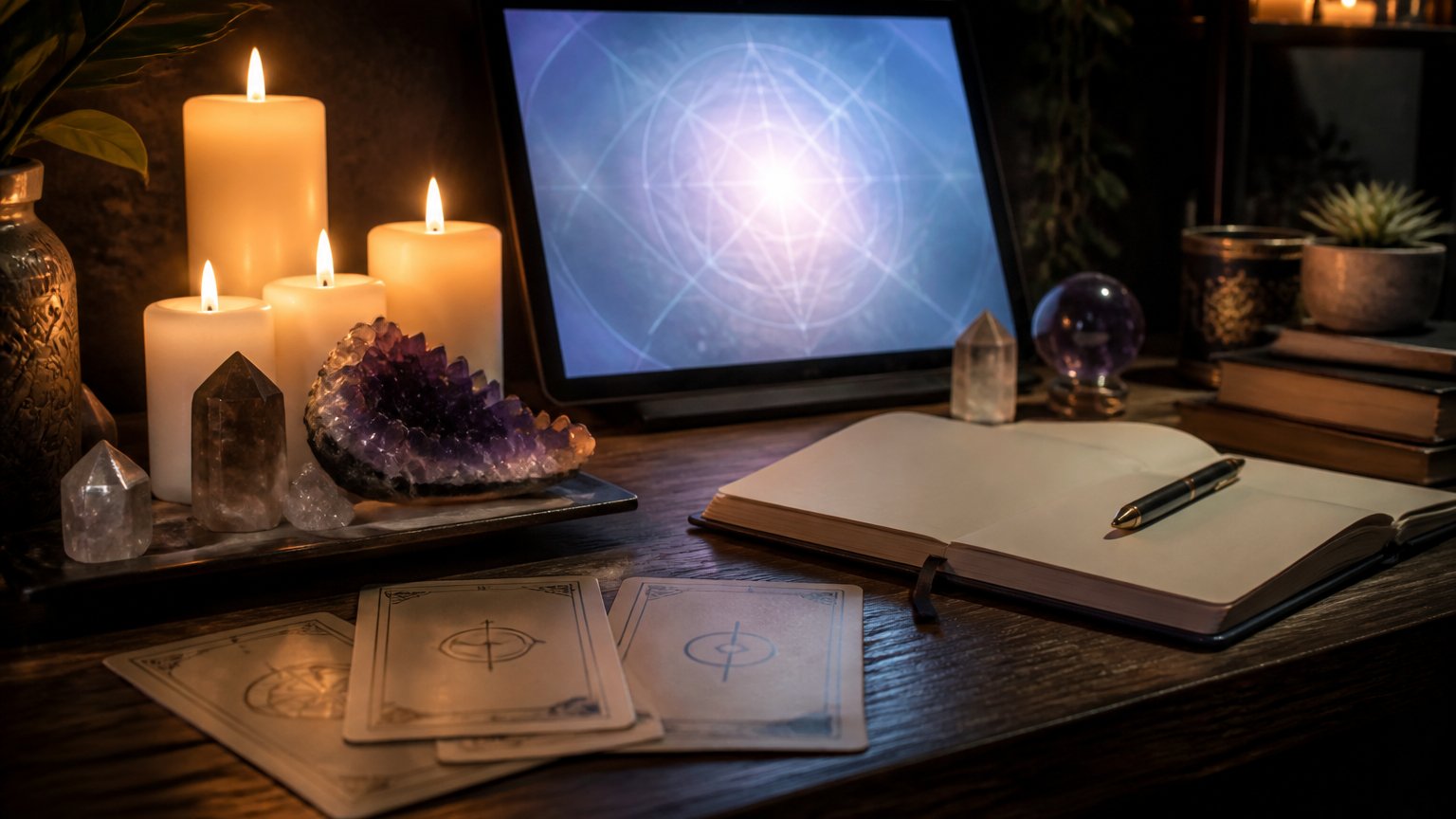 A mystical desk mixing candles, crystals, and a glowing modern screen with generic tarot cards