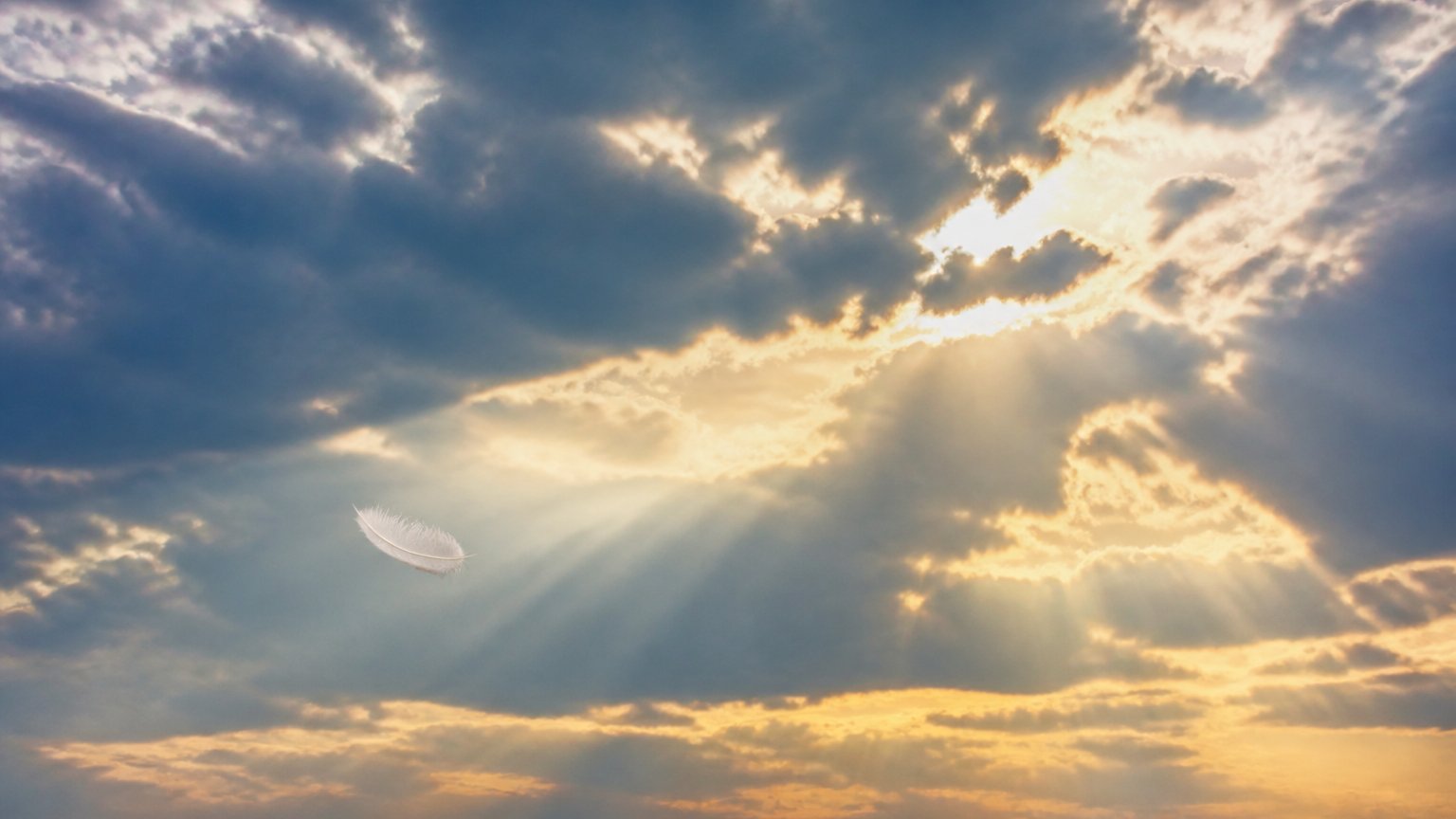 A single feather drifting down through sunbeams in a calm sky, a symbolic angel number sign
