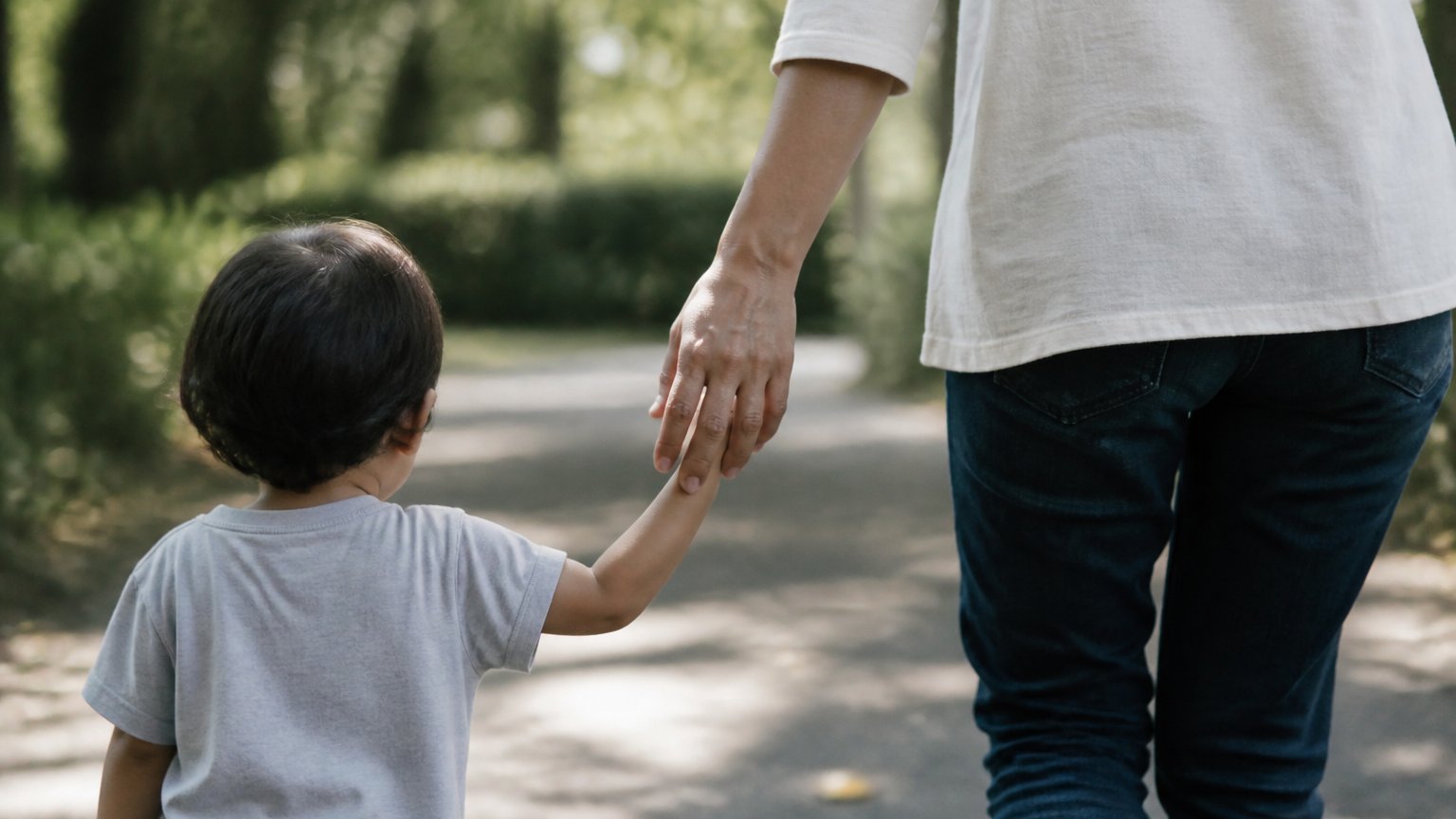 A small child holding a caregiver's hand while walking together along a quiet path
