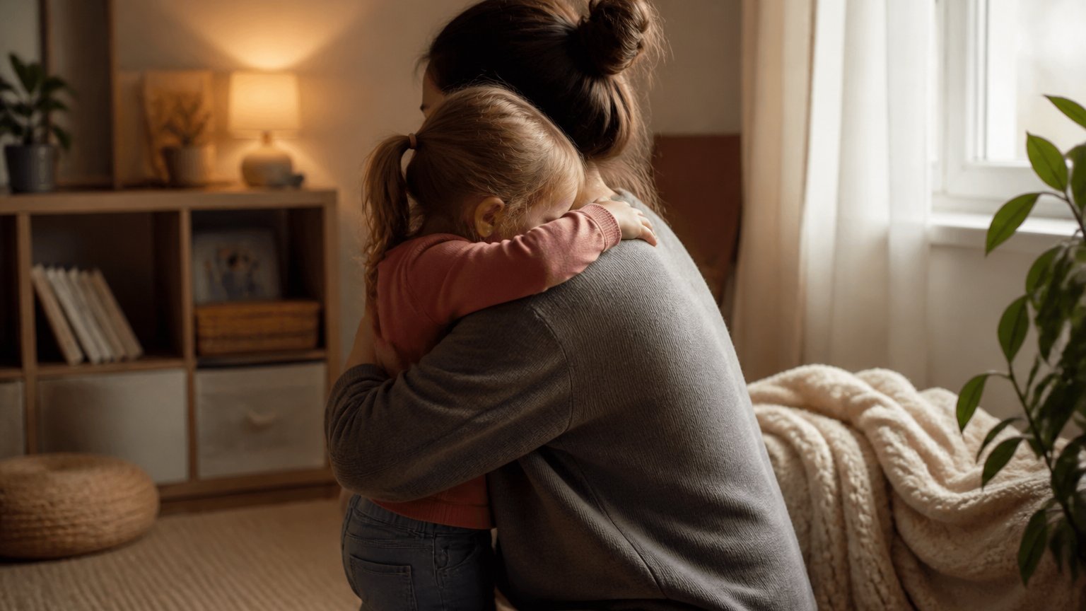 A parent gently comforting an upset young child while sitting together in a cozy room