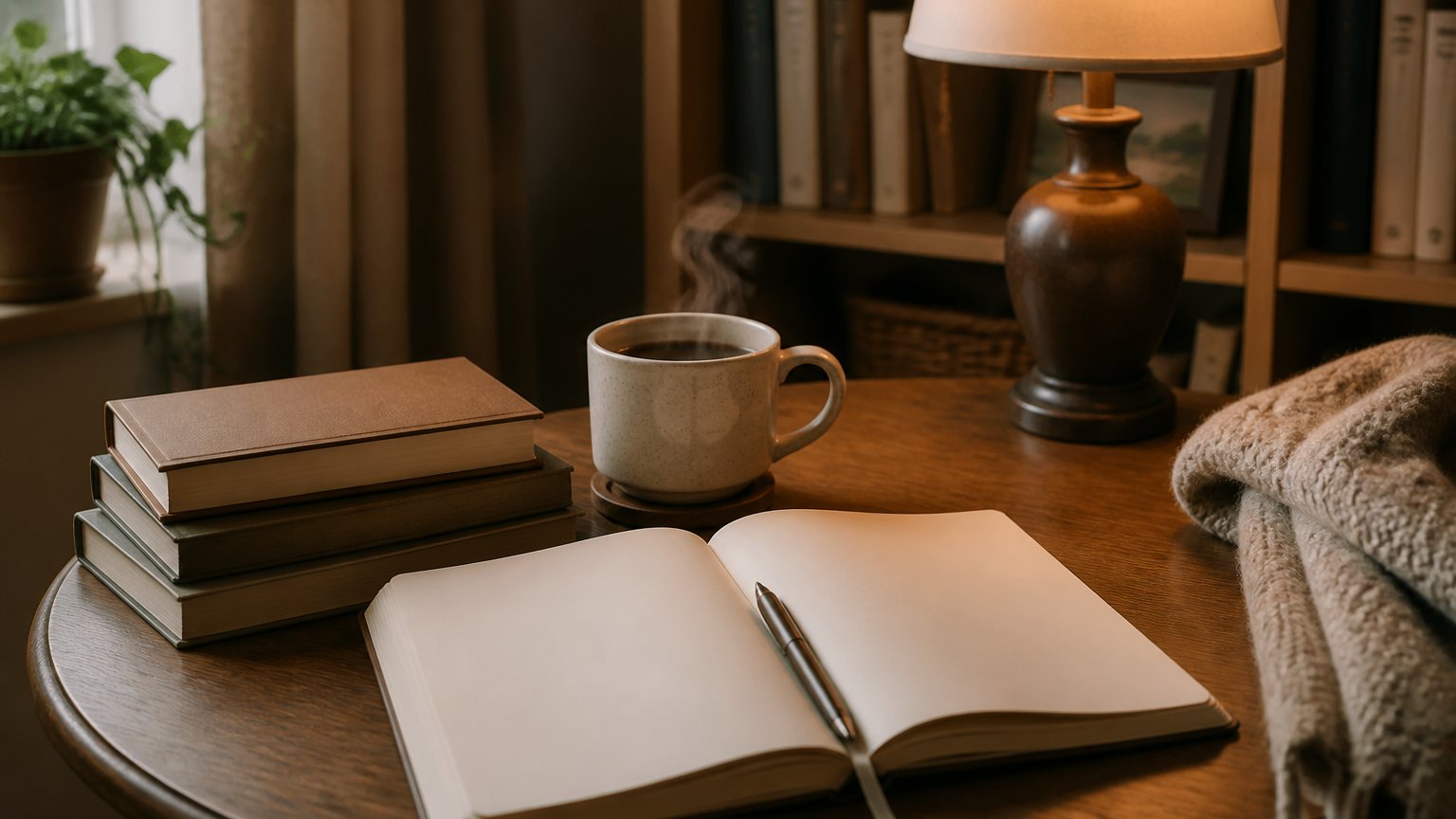 A blank journal and pen beside a stack of plain books and a cup of tea on a cozy table