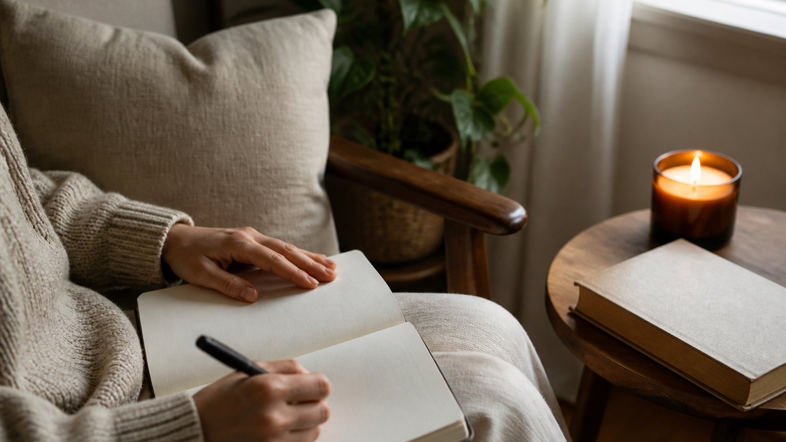 Hands writing in a blank notebook in soft light in a calm reading corner