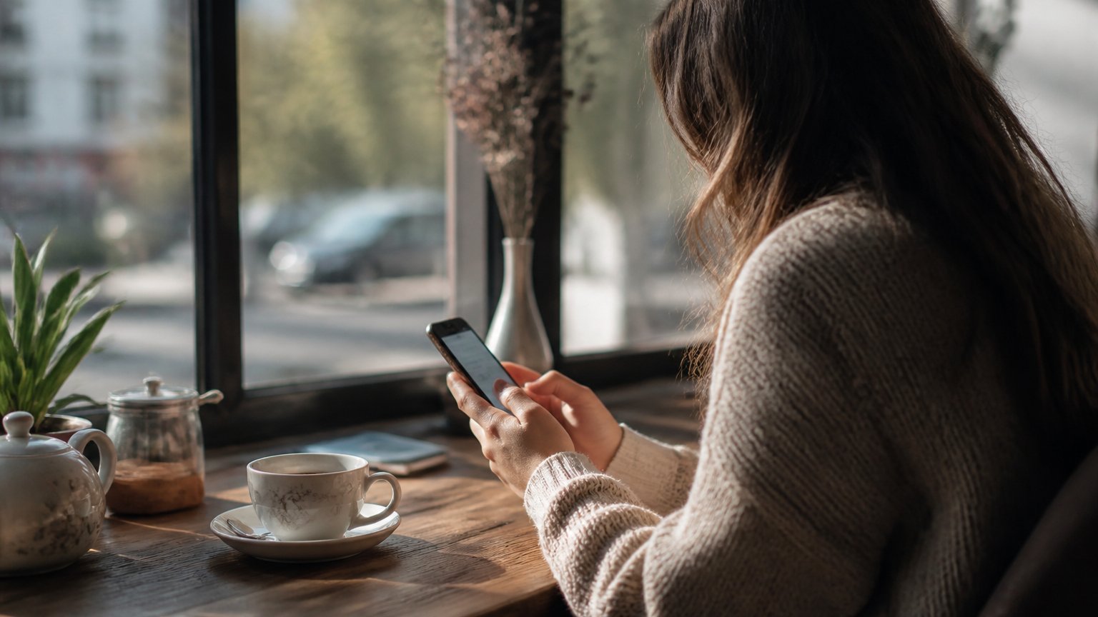 A person waiting by a window and looking at their phone in soft light, hoping for a reply