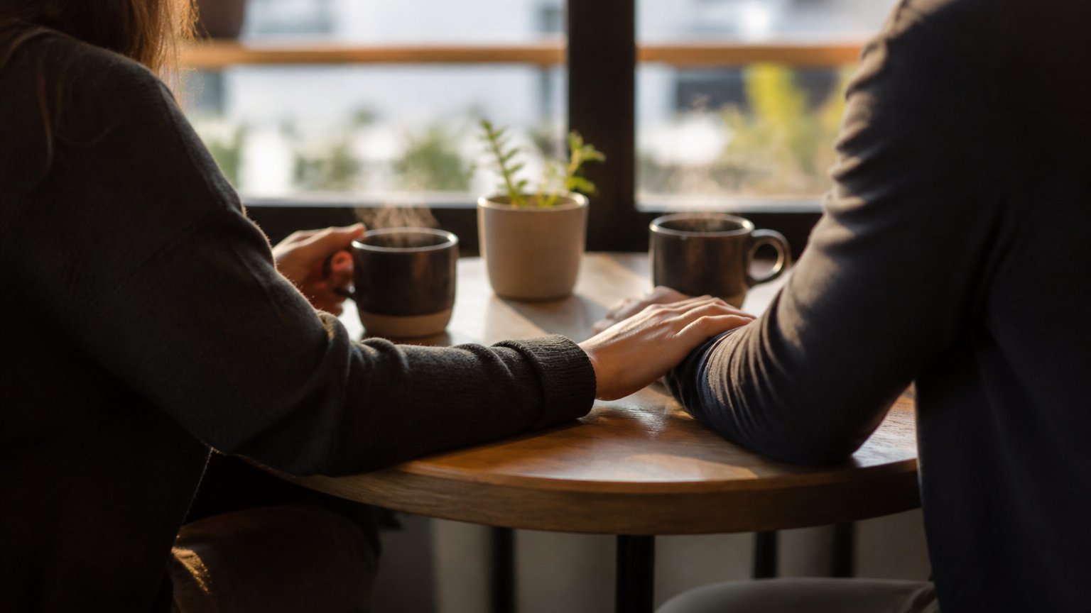 Two people talking closely over coffee, leaning in for an honest and reassuring conversation