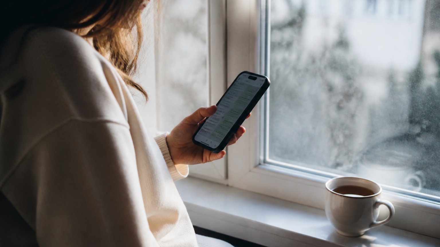A person by a window checking their phone in soft light, waiting on a reply