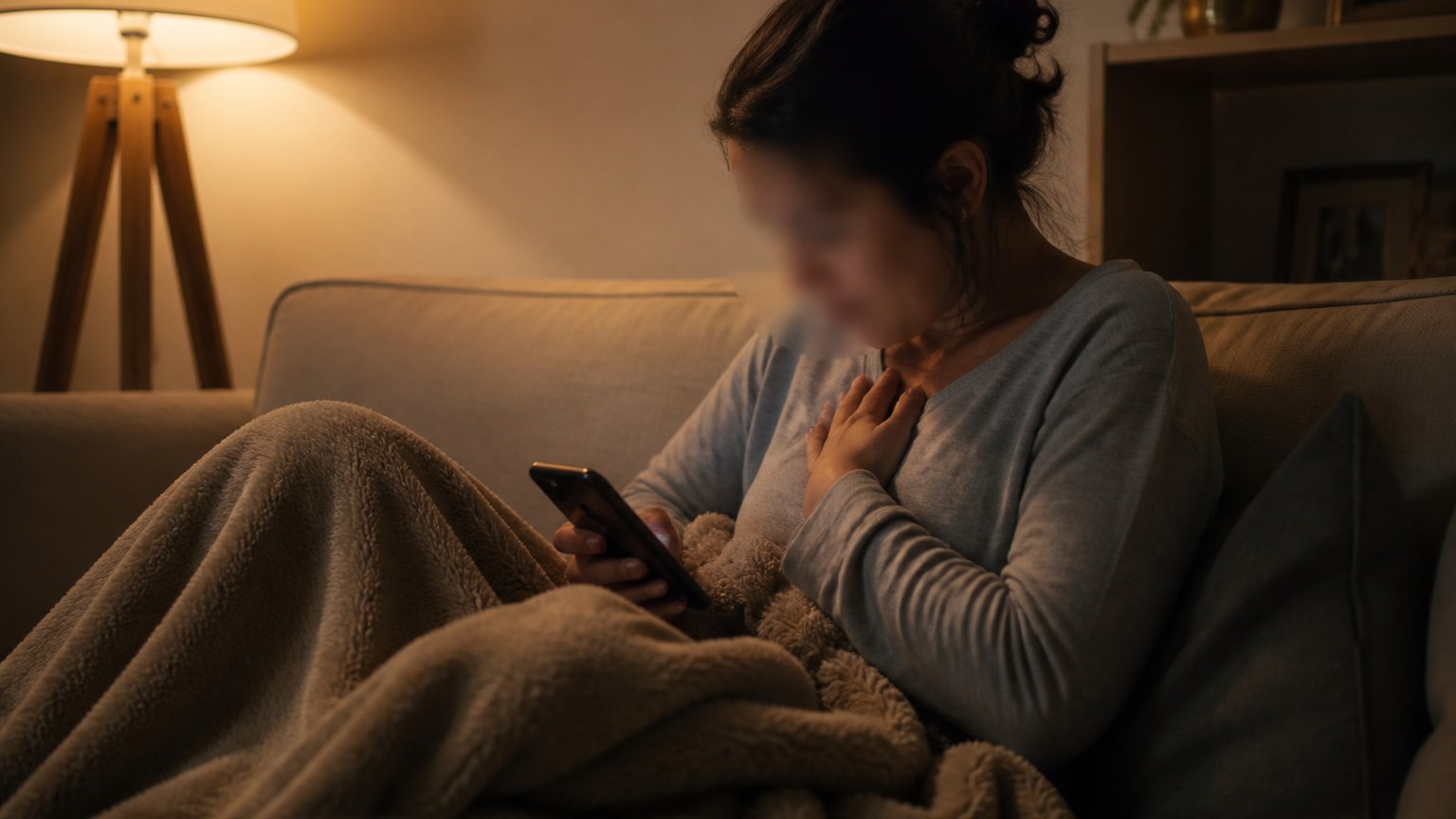 A person on a couch looking at their phone with a worried, tense posture in soft evening light