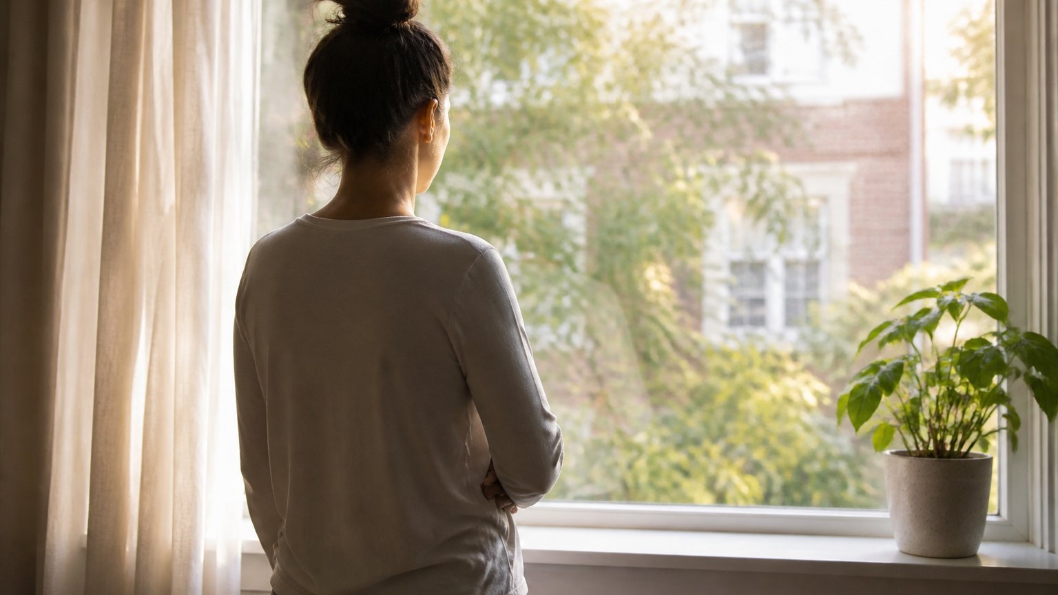 The same kind of person standing by a window taking a slow calming breath in soft morning light