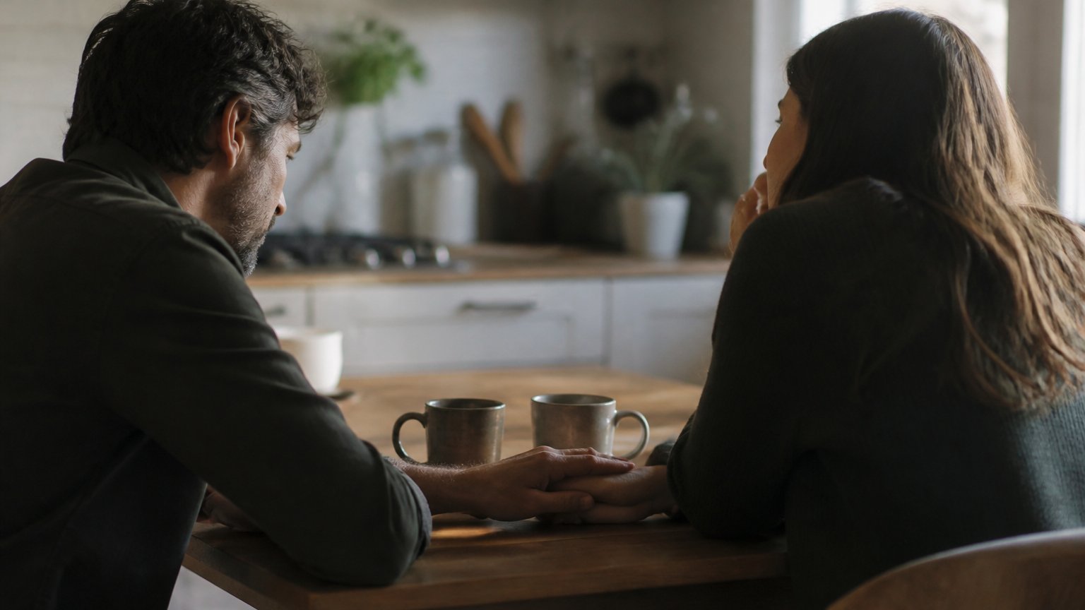 A couple in a quiet, tense but caring moment at home, sitting close as they work to understand each other
